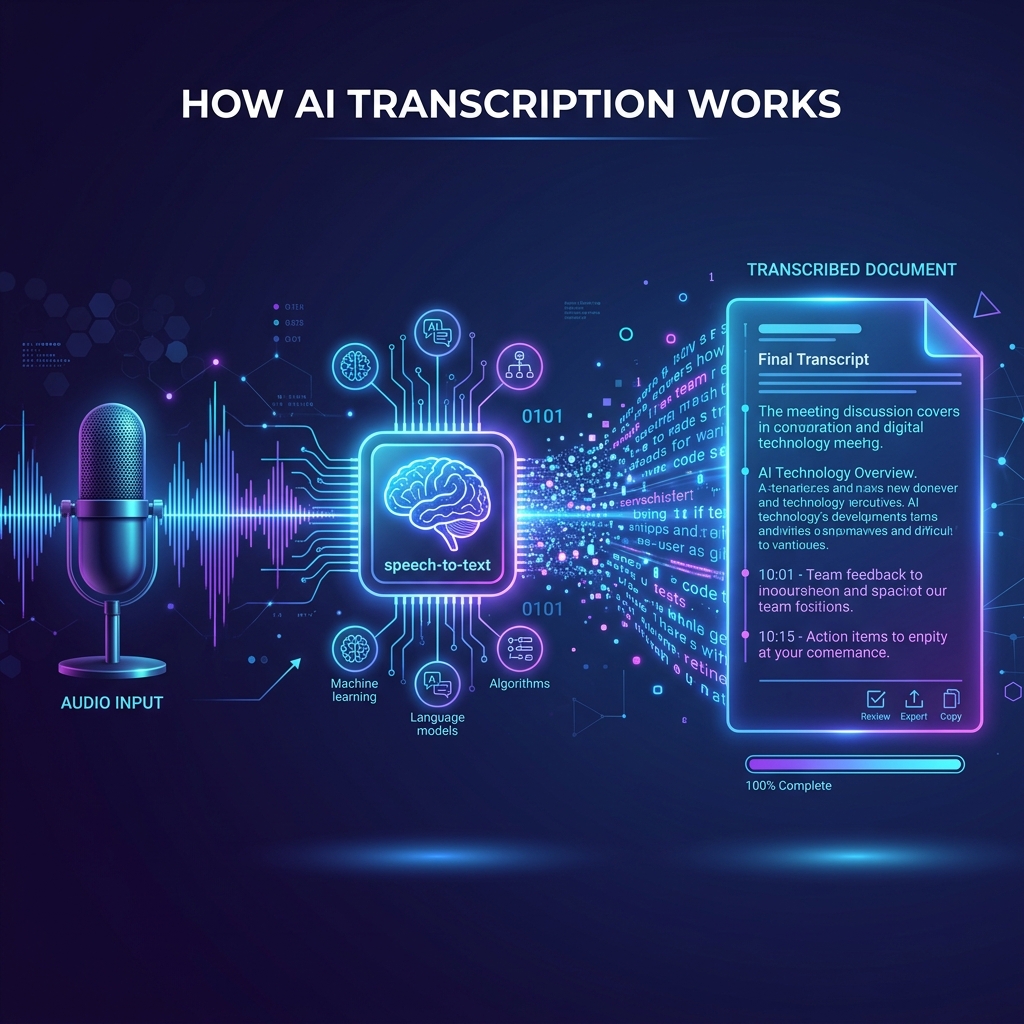 Illustration showing how AI transcription works from audio to text output